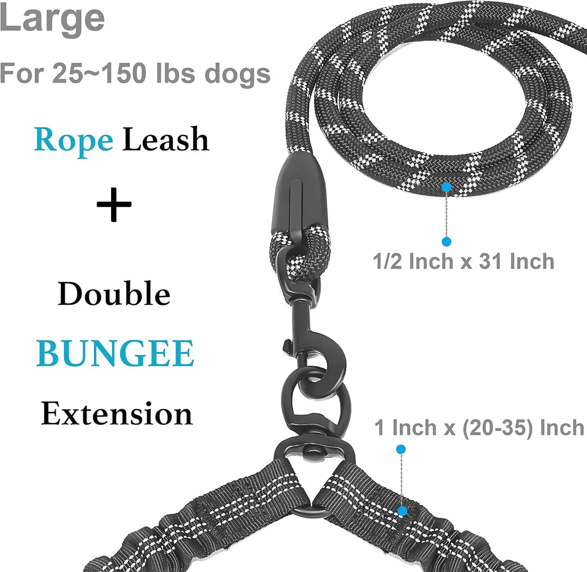 A large rope leash with a double bungee extension for dogs, featuring a patterned rope and adjustable length.
