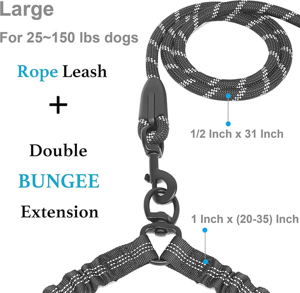 A large rope leash with a double bungee extension for dogs, featuring a patterned rope and adjustable length.