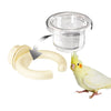 A transparent hanging bird feeder box with a detachable design next to a small yellow bird.