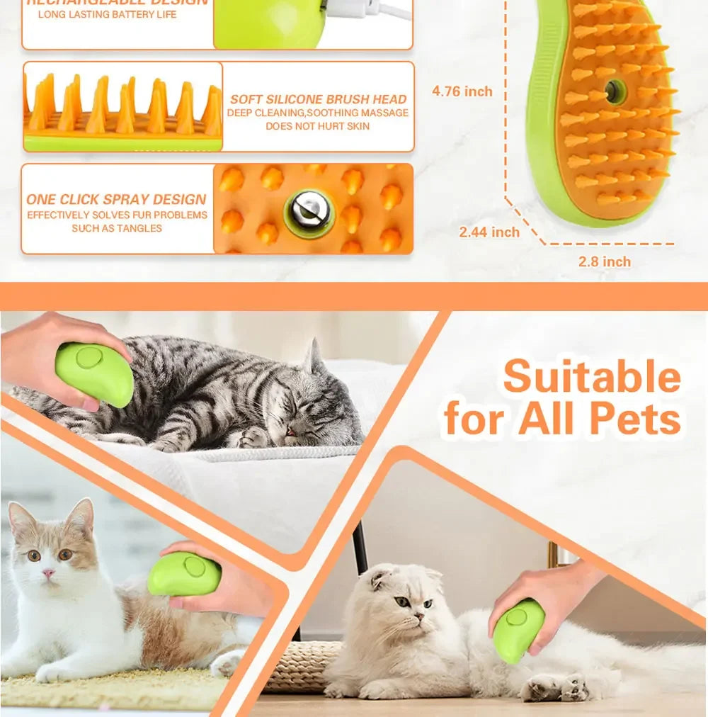 A green pet grooming brush is shown being used on a cat.