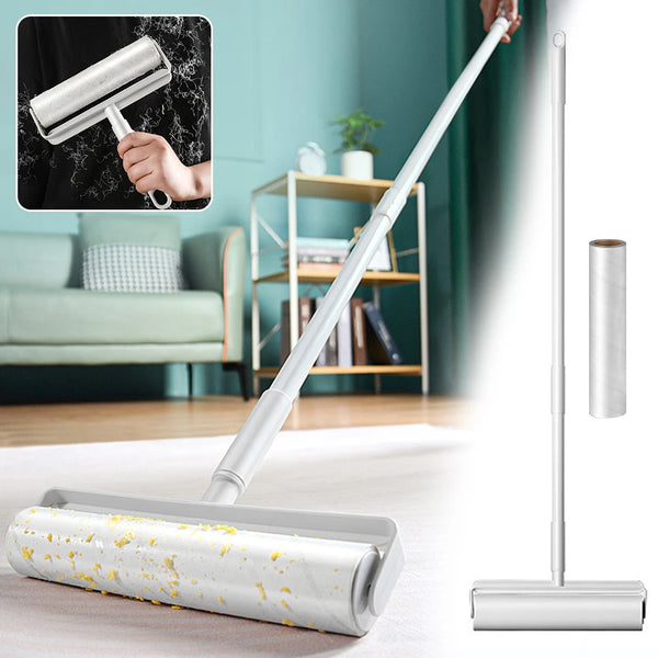 A silver extendable lint roller with tearable sheets is shown next to its storage case and in use on a surface.