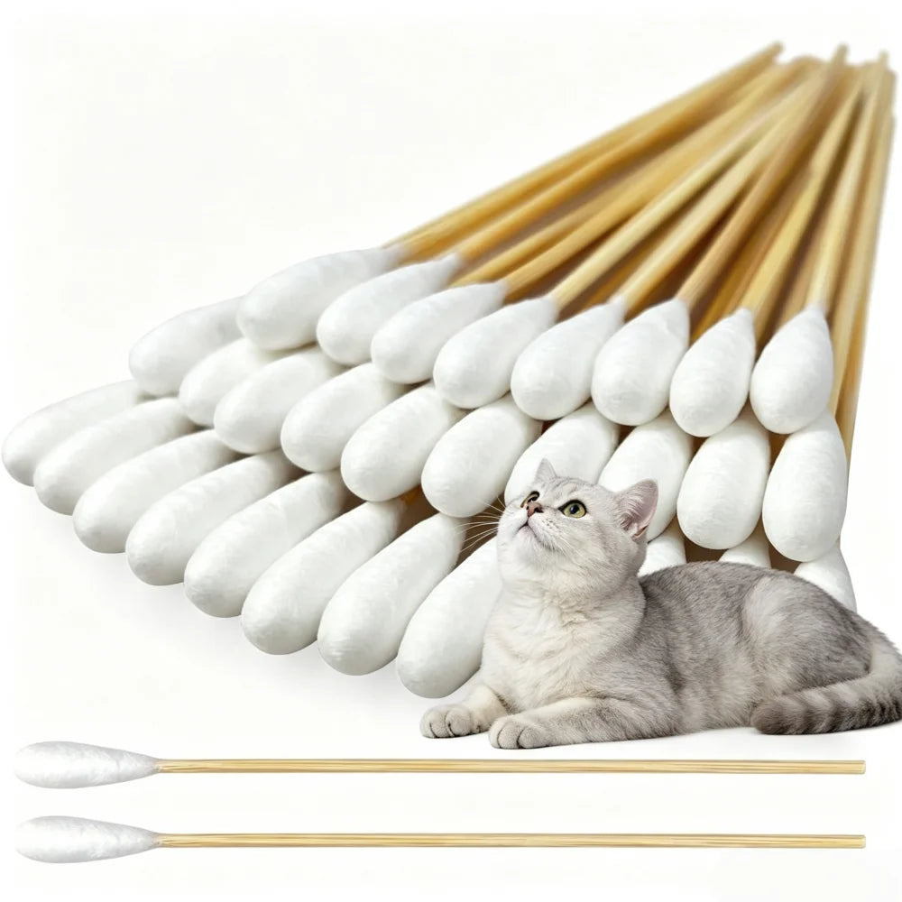 A bundle of long cotton swabs used for pet ear cleaning, with a gray cat resting nearby.