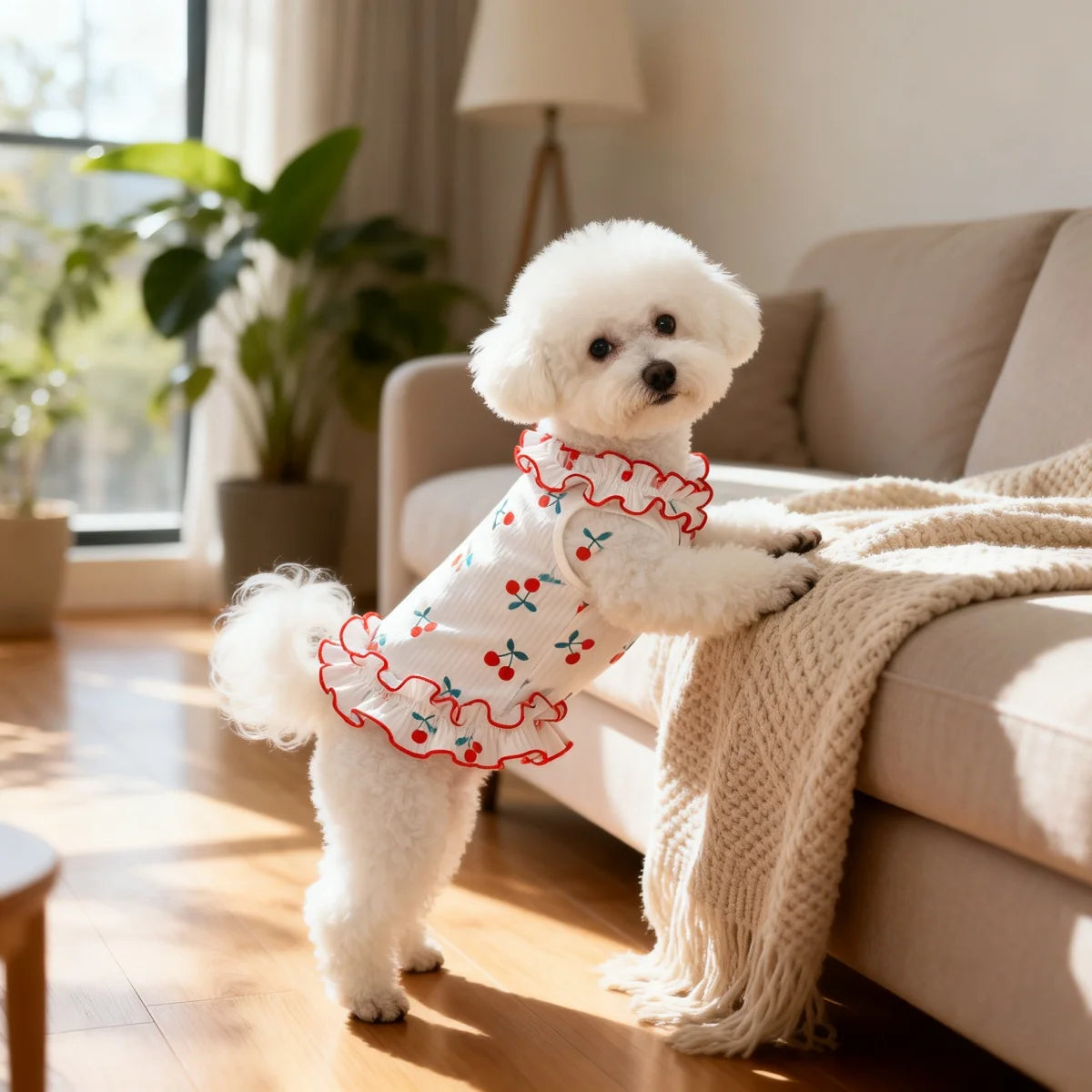 A fluffy white dog wearing a red and white cherry ruffle dress relaxing on a light-colored sofa.