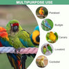 A colorful bird rope perch stand featuring various bird species like parakeets, budgies, canaries, lovebirds, and cockatiels.
