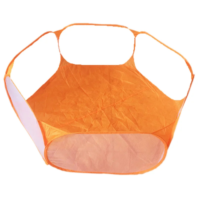 Orange foldable transparent pet playpen designed for small animals.