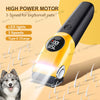 A yellow pet hair clipper with LED lights and 3 speeds is shown next to a dog.