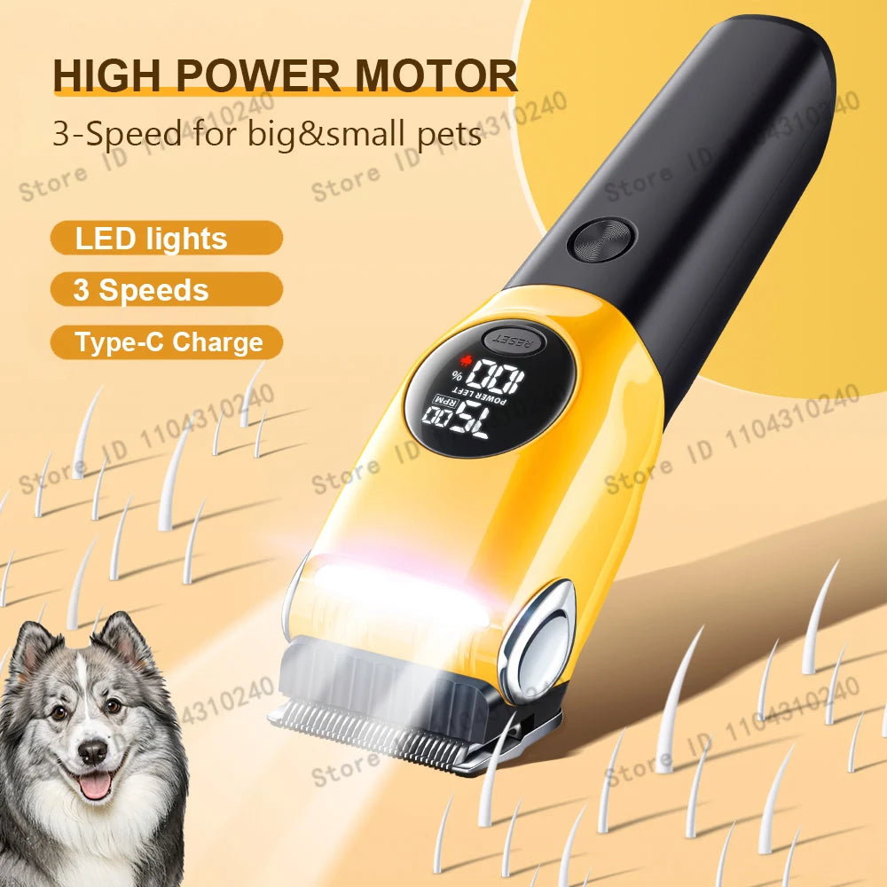 A yellow pet hair clipper with LED lights and 3 speeds is shown next to a dog.