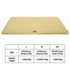 A beige washable dog sleeping mat shown flat, with a size chart detailing dimensions and suitable weight limits.