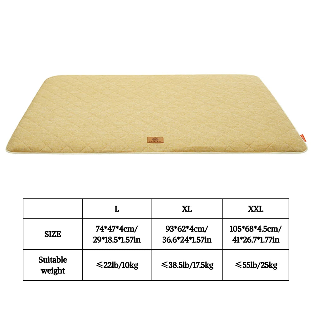 A beige washable dog sleeping mat shown flat, with a size chart detailing dimensions and suitable weight limits.