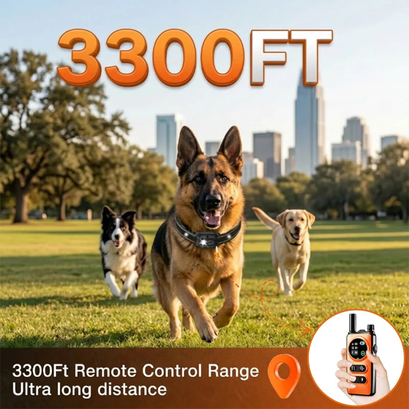 A golden dog runs in a park with another dog nearby, demonstrating the 3300FT remote control range of the training collar.