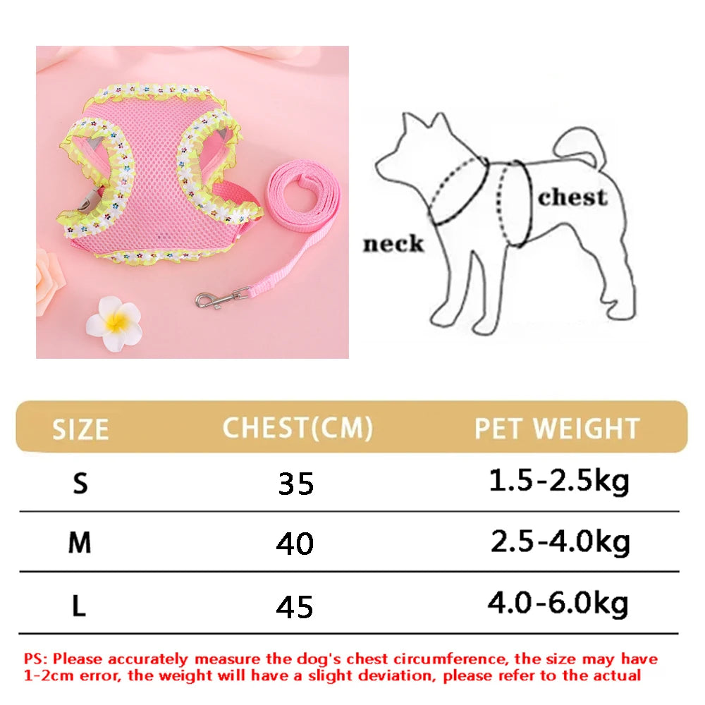A set of pink butterfly pet harnesses in sizes S, M, and L with corresponding chest measurements and pet weight ranges.