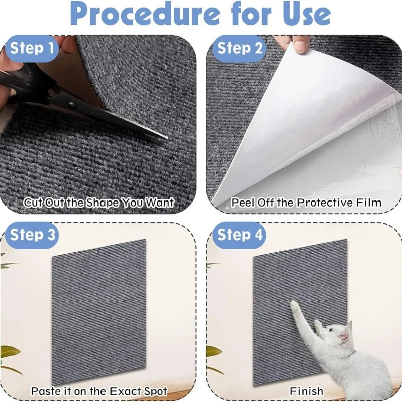 Procedure for use showing steps to cut, peel film, paste, and finish a self-adhesive cat scratching mat