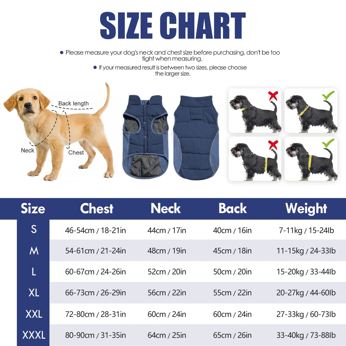 Size chart for a waterproof reflective dog coat with fleece lining showing measurements for sizes S through XXXL