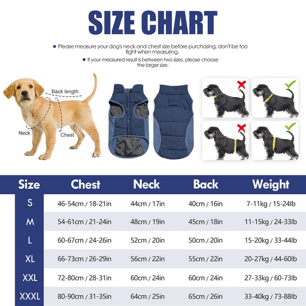 Size chart for a waterproof reflective dog coat with fleece lining showing measurements for sizes S through XXXL