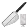Stainless steel pet poop shovel with a black handle and 6 mesh screen.