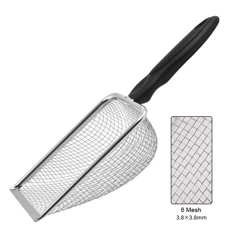 Stainless steel pet poop shovel with a black handle and 6 mesh screen.