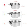 Three views of a stainless steel clamp-on pet feeding bowl for bird cages labeled A, B, and C.