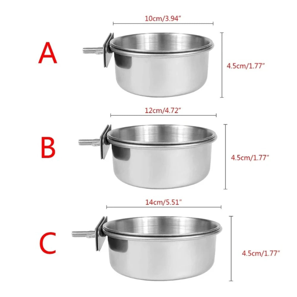 Three views of a stainless steel clamp-on pet feeding bowl for bird cages labeled A, B, and C.