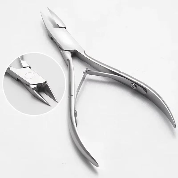 A pair of silver precision stainless steel cuticle nippers shown with an inset detail view.