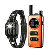 An orange remote training e-collar for dogs with a black adjustable collar shown next to the device.