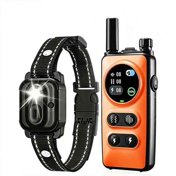 An orange remote training e-collar for dogs with a black adjustable collar shown next to the device.