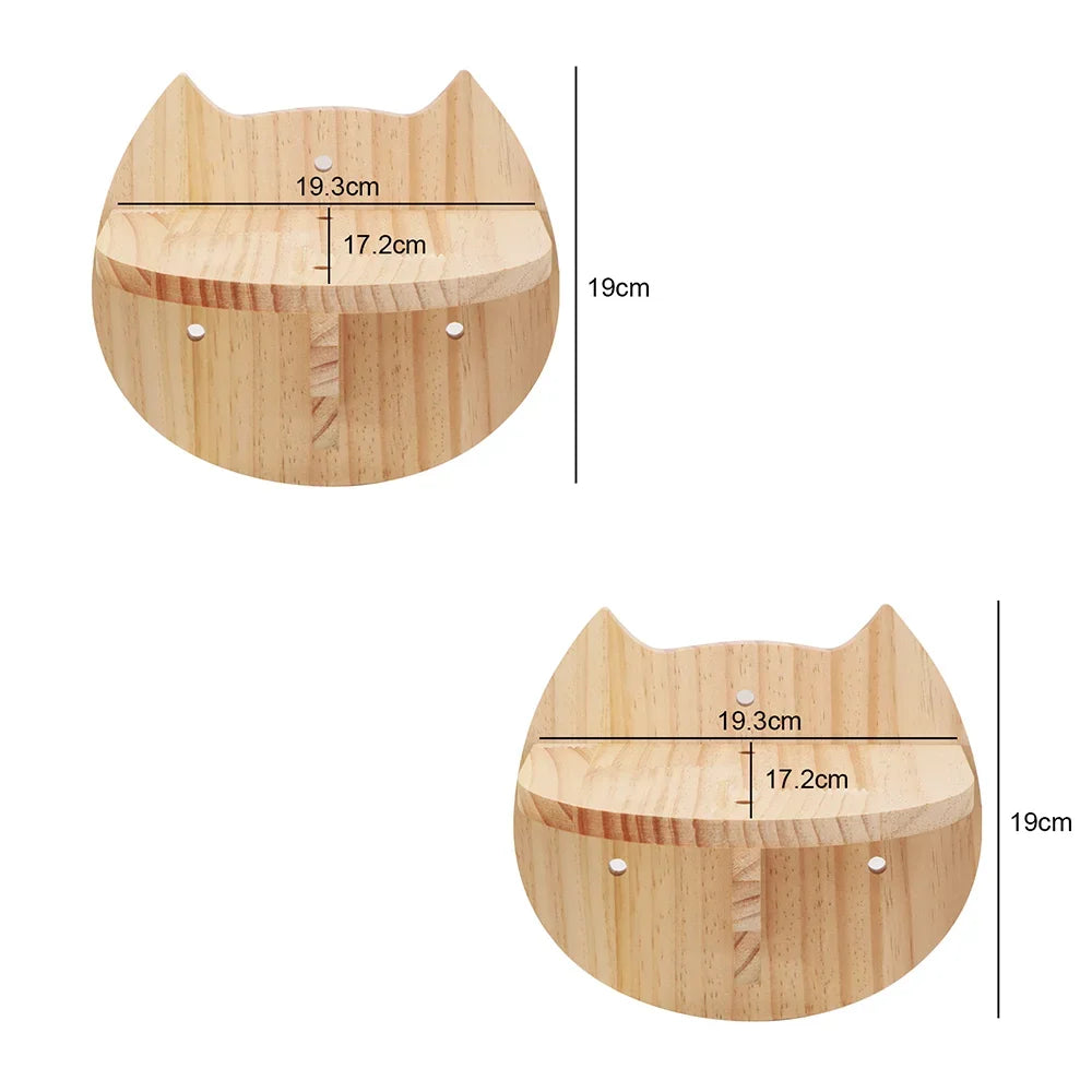 A wooden cat climbing shelf and hammock with dimensions 19.3cm by 17.2cm.