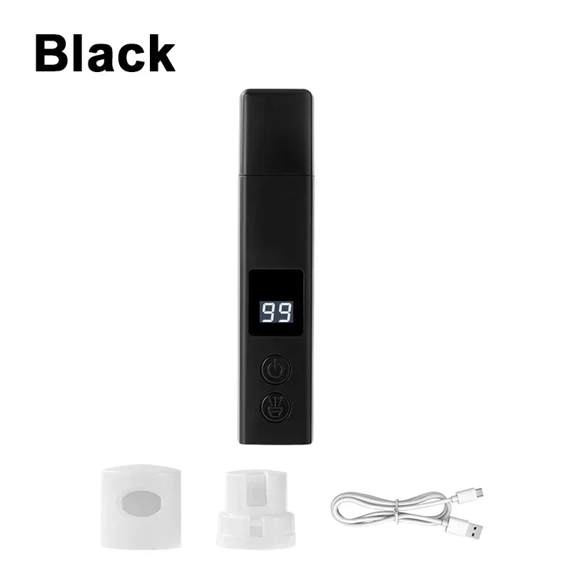 A black pet nail grinder device shown with its main unit and charging cable.