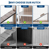Comparison chart showing features of a two-story wooden guinea pig cage including anti-chewing ramp, acrylic panel, and clear