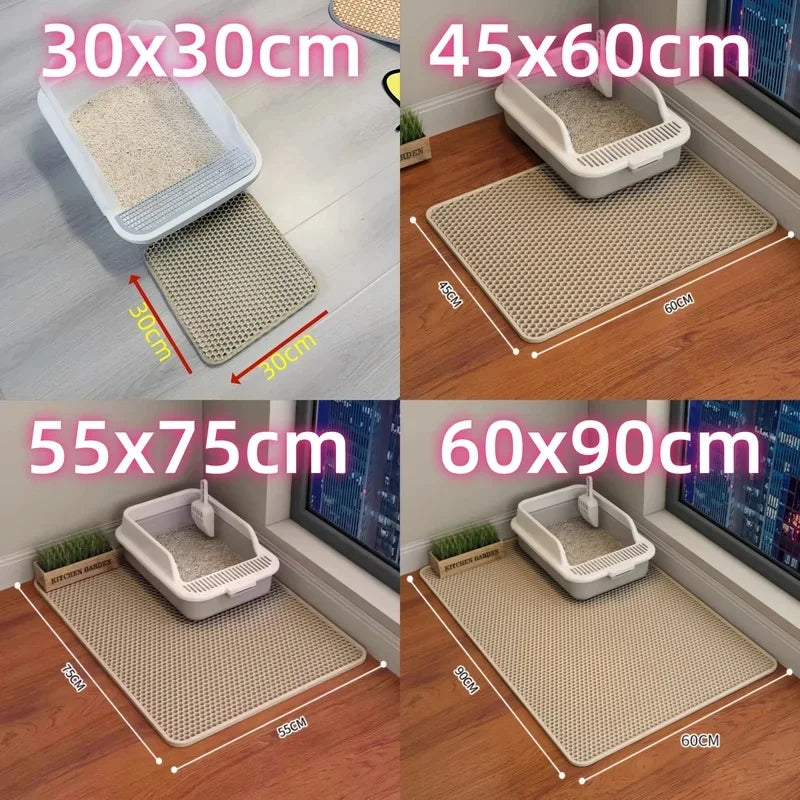 Various sizes of waterproof double-layer cat litter mats shown on wooden floors.