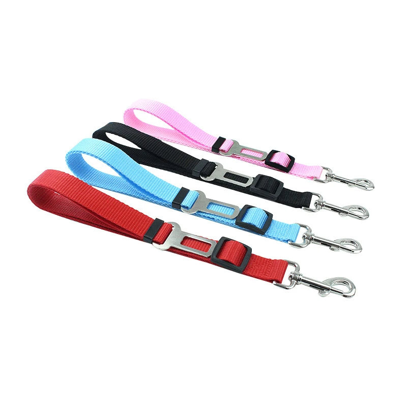 A set of five colorful retractable dog car seatbelt tethers with various colored straps and silver buckles.
