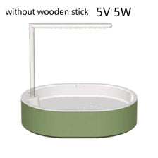 A white automatic bird bathtub with a resting stick, featuring a light green base.