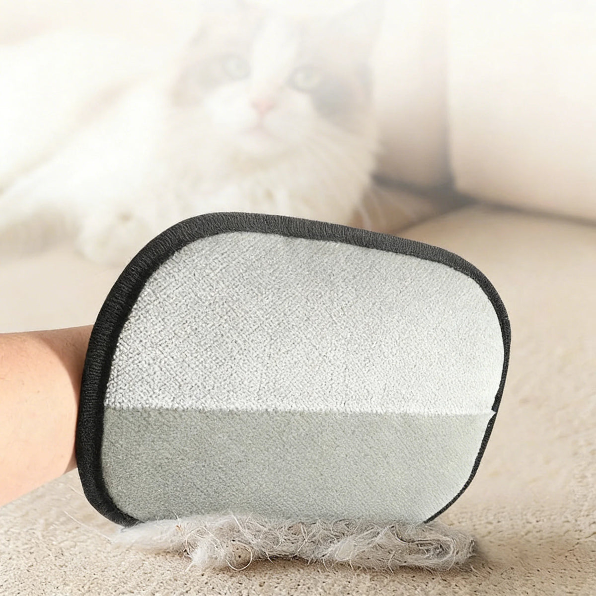 Un par de guantes reutilizables para aseo de mascotas de 5 dedos con superficie texturizada en gris y blanco, sobre una super