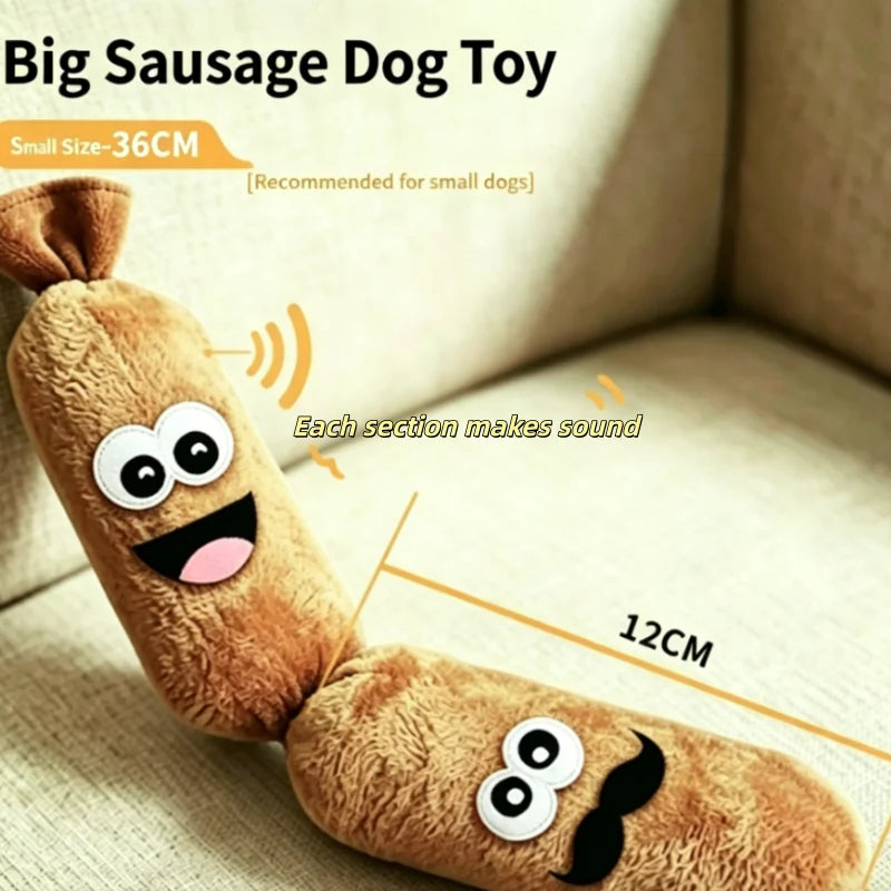 A plush sausage dog toy made of brown fabric with facial features and sound-making sections.