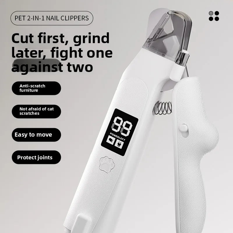 A white pet nail clippers and grinder tool is shown, highlighting features like anti-scratch furniture and joint protection.