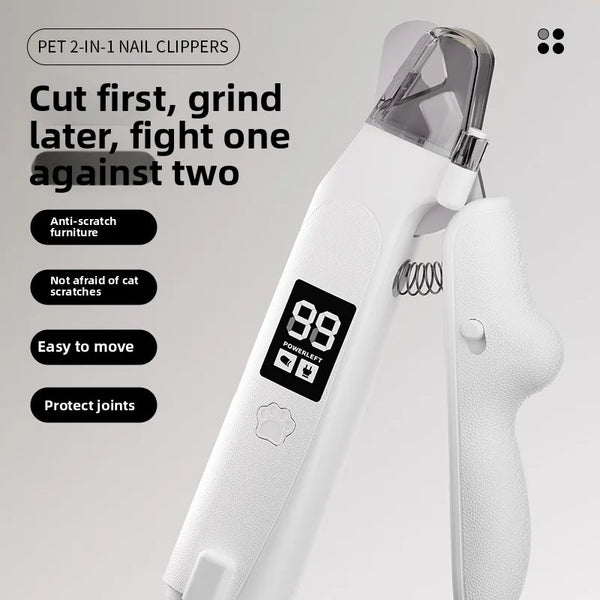 A white pet nail clippers and grinder tool is shown, highlighting features like anti-scratch furniture and joint protection.