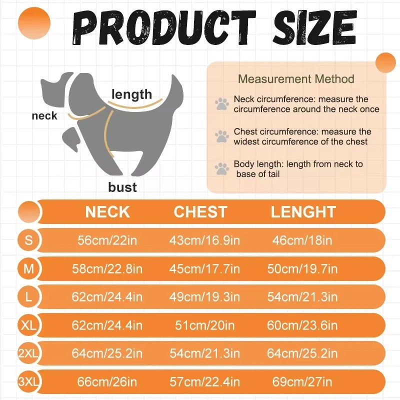 A size chart for a dog raincoat windbreaker showing measurements for neck, bust, and length in centimeters and inches.