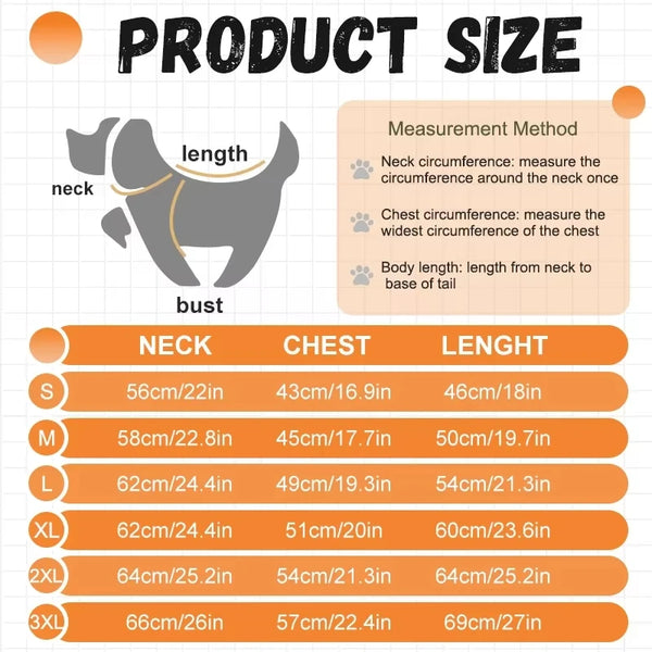 A size chart for a dog raincoat windbreaker showing measurements for neck, bust, and length in centimeters and inches.