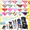 A collection of 100 donut print dog bandanas in various patterns and colors displayed alongside dogs.