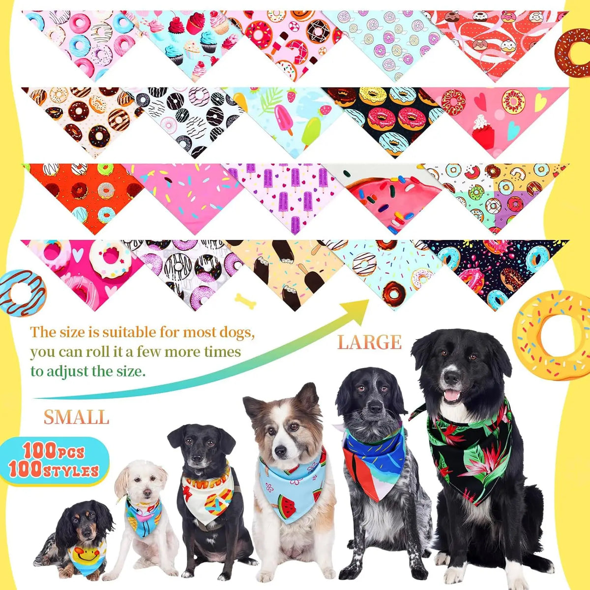 A collection of 100 donut print dog bandanas in various patterns and colors displayed alongside dogs.