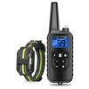 A black rechargeable dog training collar with a remote control and digital display is shown.