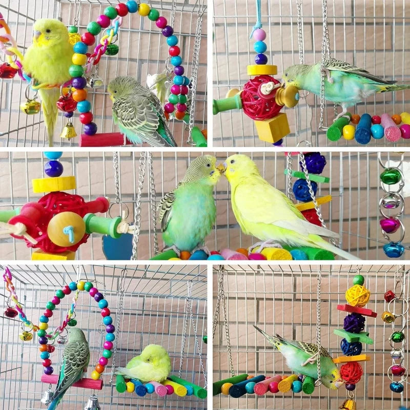 Colorful natural wooden swing and chewing toys for parrots featuring various colored beads and natural wood elements.