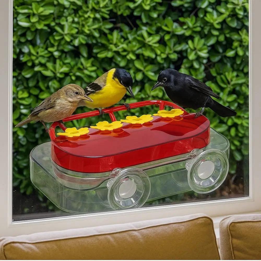 A red suction cup hummingbird feeder with a yellow nectar reservoir and black birds against a green foliage background.