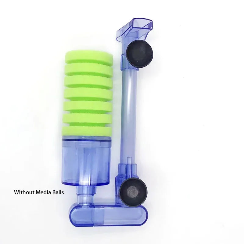 Éponge biochimique transparente en plastique avec une éponge vert lime vif et des composants noirs.
