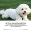 A fluffy white dog is shown next to a bottle of pet tear stain remover pen.