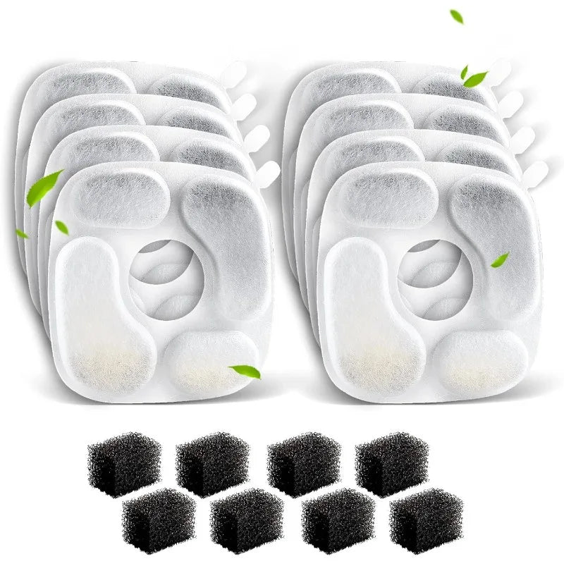 Eight white silicone cat fountain replacement filters with sponges arranged in two rows.