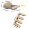 Two natural wooden cat wall shelves with striped fabric perches and climbing features.