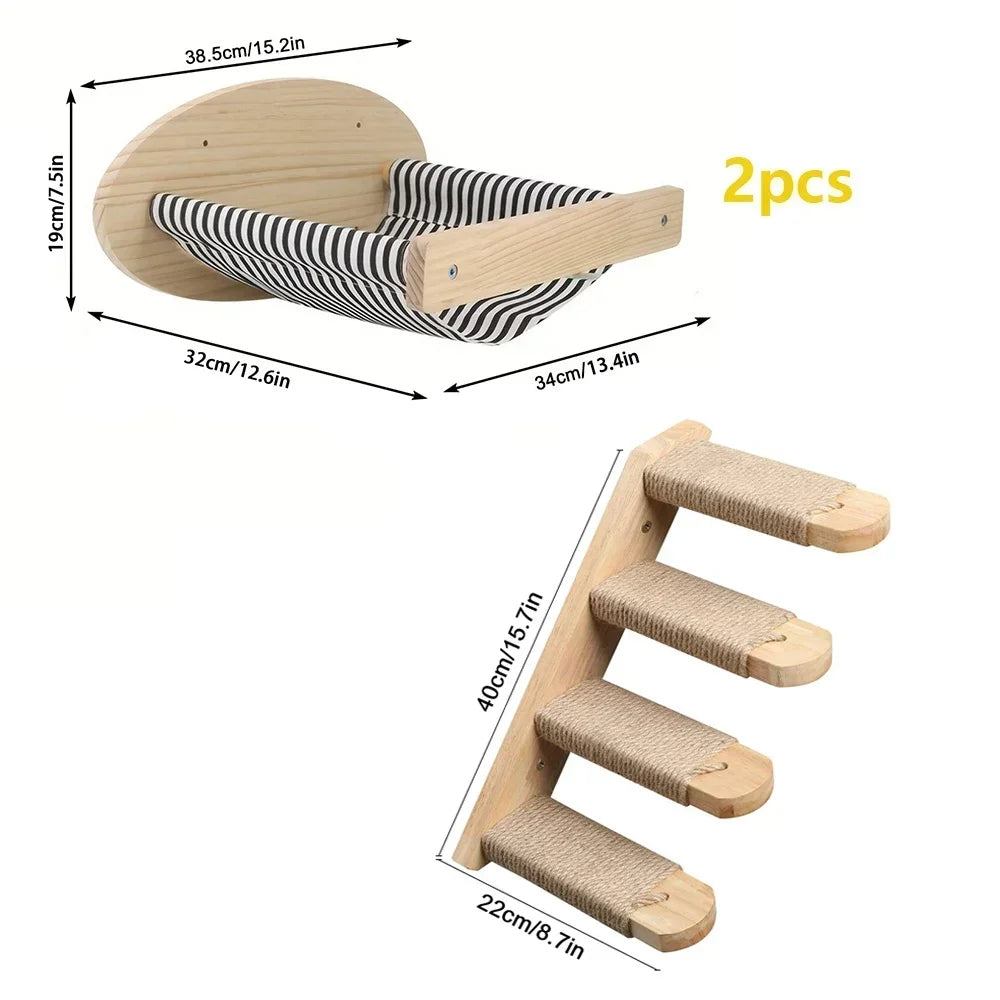 Two natural wooden cat wall shelves with striped fabric perches and climbing features.