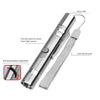 A silver pet laser pointer toy with a light source, a switch, and an anti-loss lanyard attached.