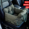 A green durable pet car seat with safety straps is shown installed in a car seat.