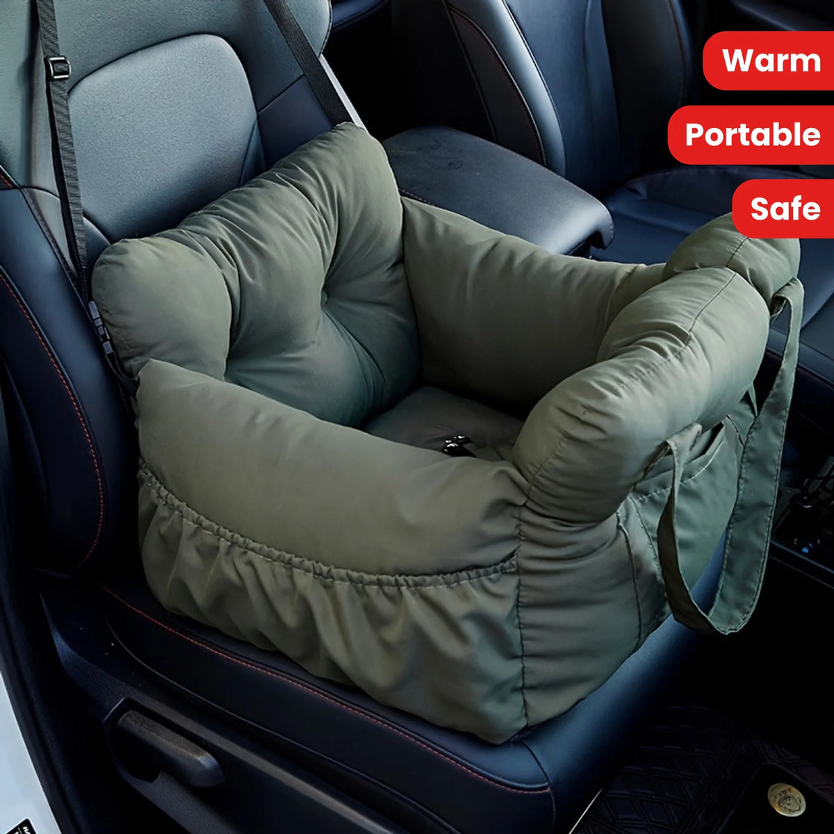 A green durable pet car seat with safety straps is shown installed in a car seat.